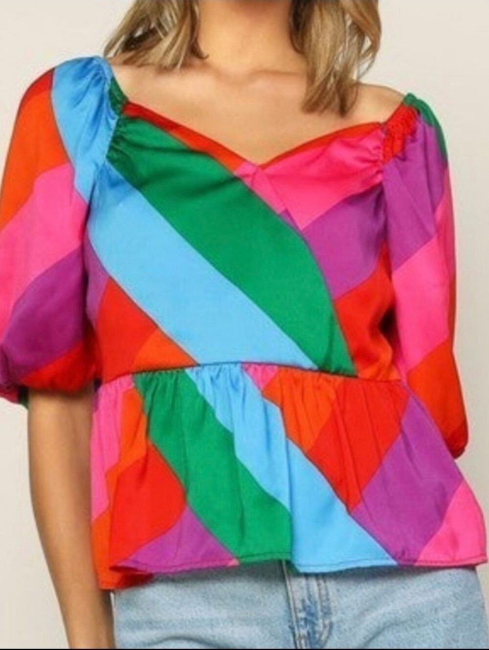 Skies Are Blue Multicolor Geometric Puff Sleeve Peplum Wrap Top Small - Picture 4 of 13